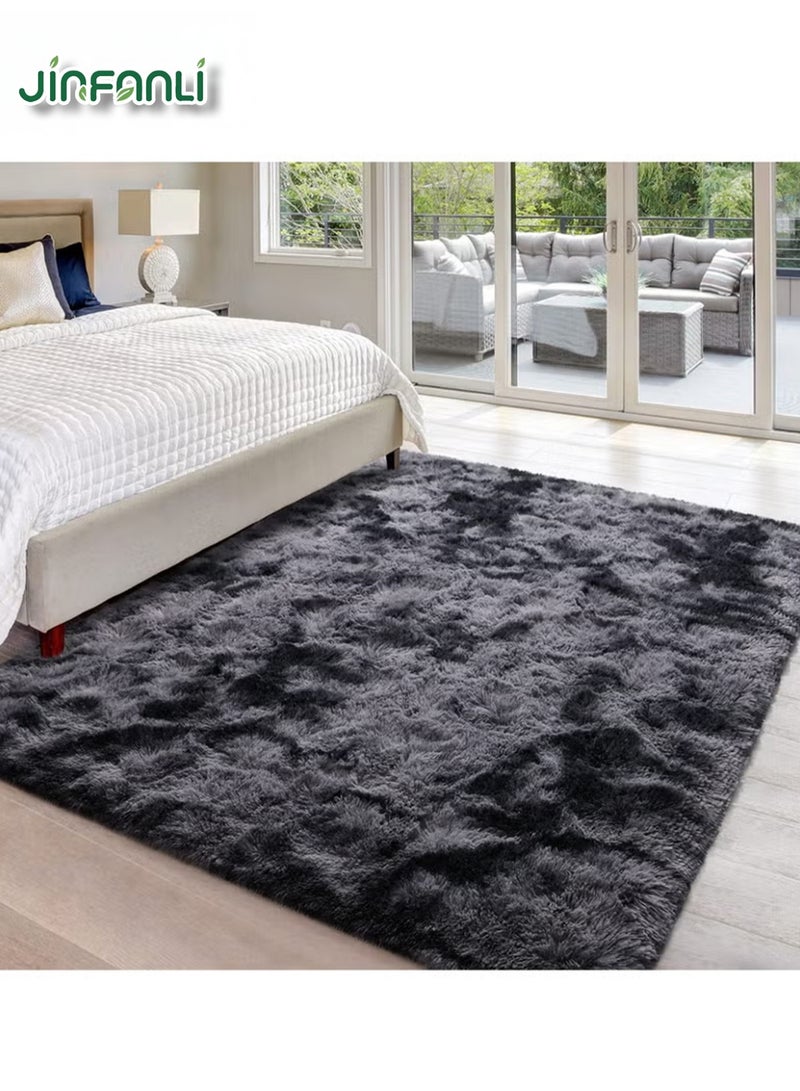 JINFANLI Large living room area rug, super soft and fluffy modern bedroom rug, tie-dyed dark grey indoor plush pile rug for girls kids room home decor - Image 3